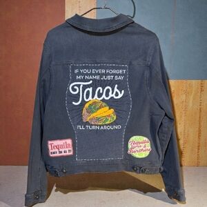 Gray Denim Jacket with Taco Graphic And Brooches